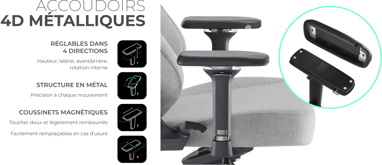 Accoudoirs 4D m&eacute;talliques r&eacute;glables en hauteur, lat&eacute;ral et frontal